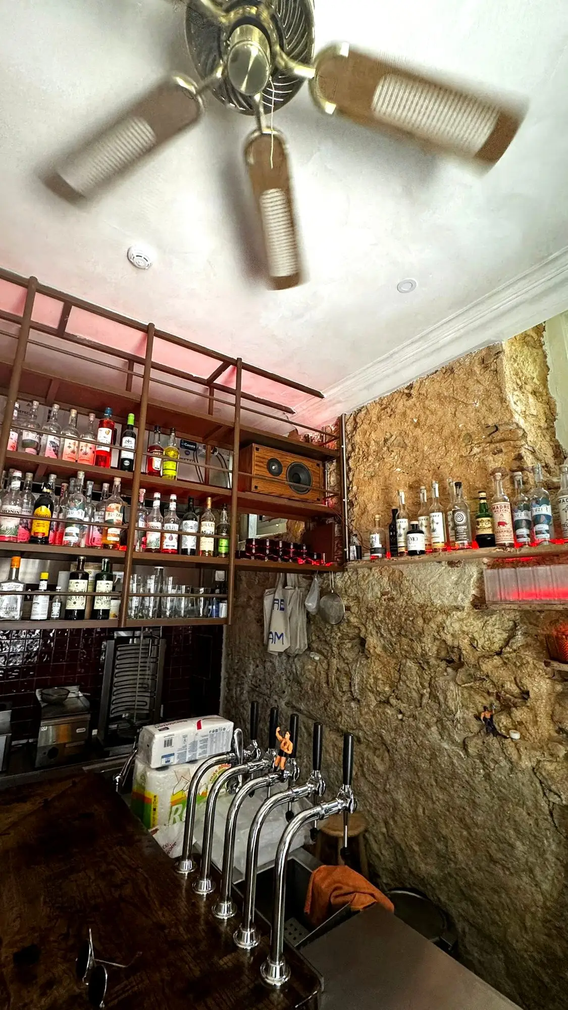 Zona de serviço equipada, com ventoinha de teto e garrafas nas prateleiras