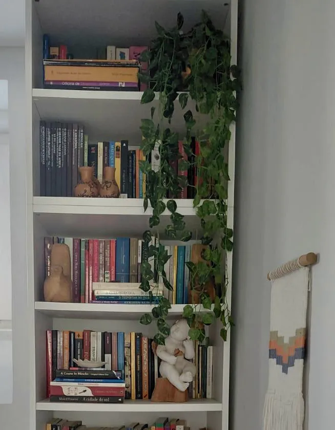 Estante embutida na parede da sala, feita à medida do vão